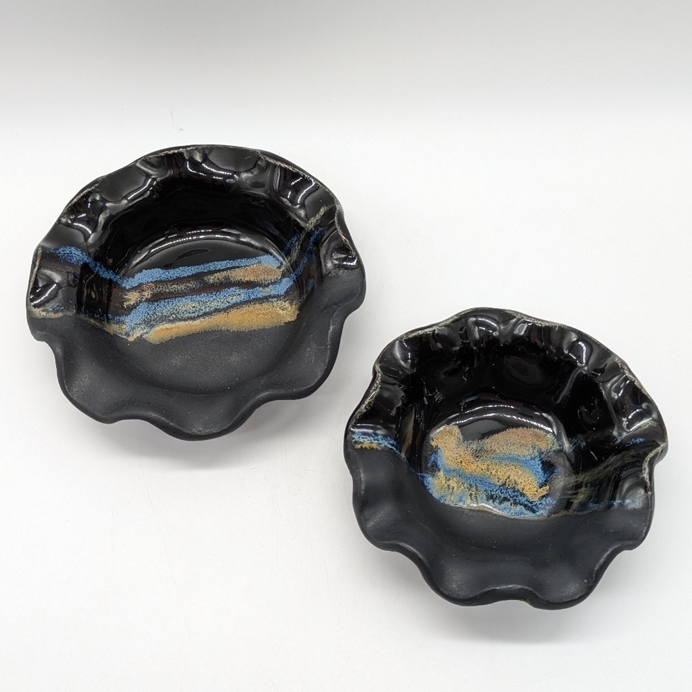 Handmade Ceramic Black Tan Blue Ruffle Edge Pottery Dish Set Of 2